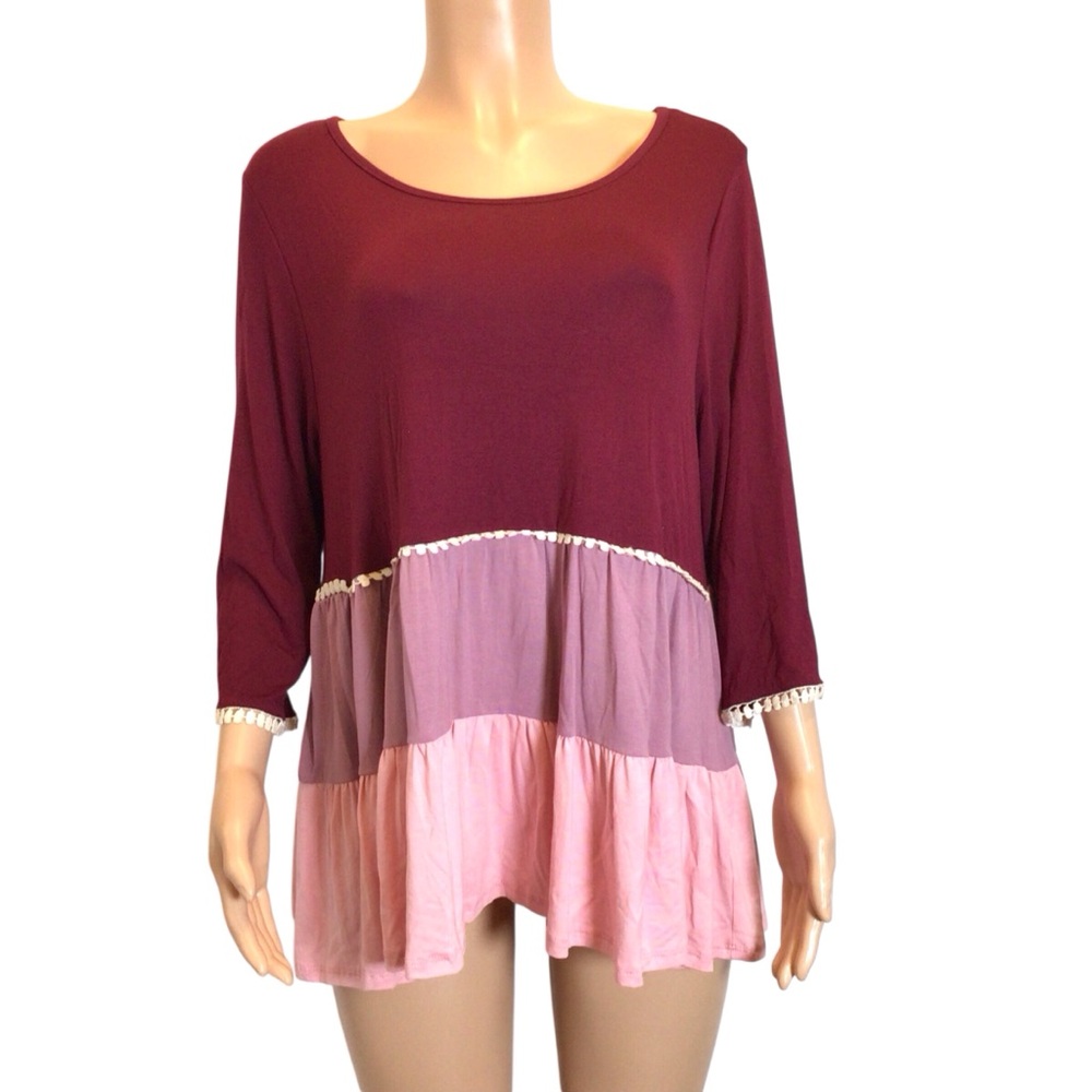 Adara 1X Babydoll Tunic Top Crochet Trim Boho Colorblock Rayon NWOT - Picture 2 of 7